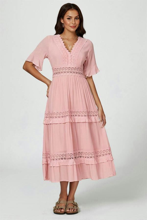 FS Collection V Neck Lace Detail Midi Dress In Rose Nude
