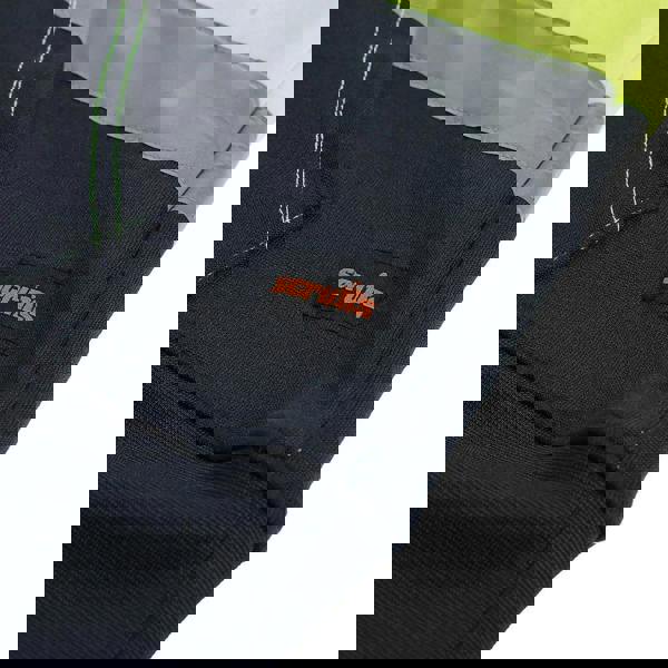 Scruffs High Visibility Mens Hi-Viz Work Pull Over Hoodie, close-up of the black hoodie fabric with orange logo detail and high-visibility yellow and gray reflective accents.