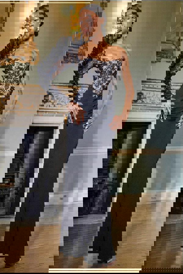 One Shoulder Organza  Fan Detail Lace Bodice Maxi Dress - Black DR4577