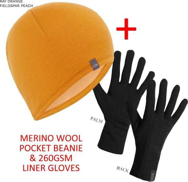 Icebreaker Merino 260 Gloves and Beanie Bundle - Ray Orange/Fieldspar Peach