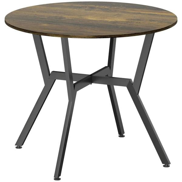 Round rustic brown dining table with black metal legs and foot pads