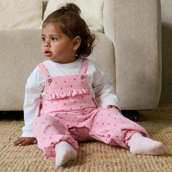 Mini Cuddles Baby Girls Heart Print Dungaree and Top Set, Pink and White
