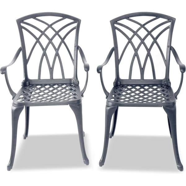 Homeology OSHOWA 2-Large Garden and Patio Bistro Chairs with Armrests in Cast Aluminium Grey