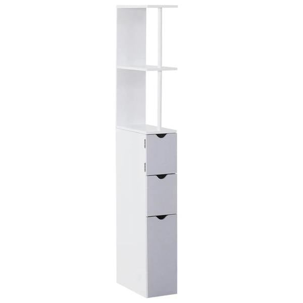 Freestanding tall bathroom cabinet, white frame with gray drawers and open shelves