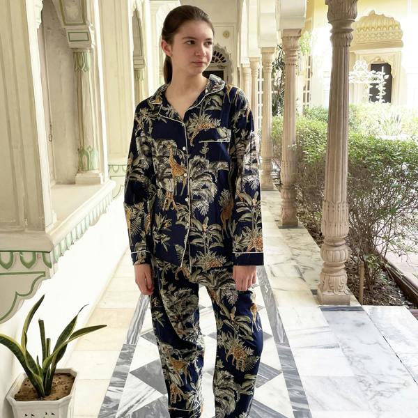 Hayley & Co Giraffe Print 100% Cotton Long Pyjama Set in Dark Blue