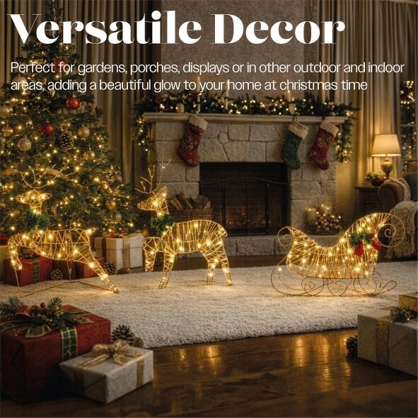 Scotts of Stow Xmas Haus Rose Gold Light Up Reindeer and Sleigh Indoor Outdoor Christmas Decoration with Timer