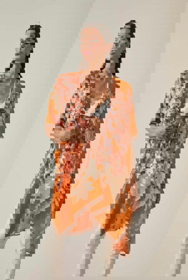 Vibrant orange floral print kaftan, relaxed fit