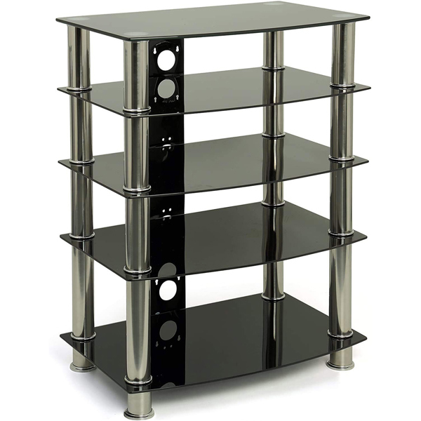 Homeology Galago 5-Shelf Premium Black Glass with Silver Legs AV Rack