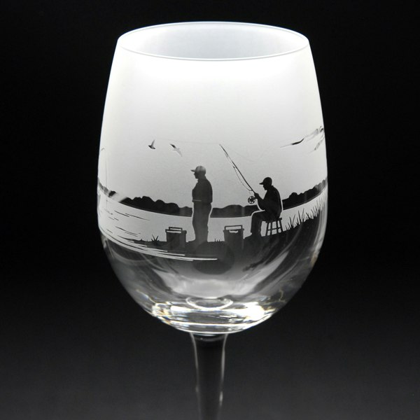 Glyptic Glass Art Fishing Crystal Wine Glass - Hand Etched/Engraved Gift