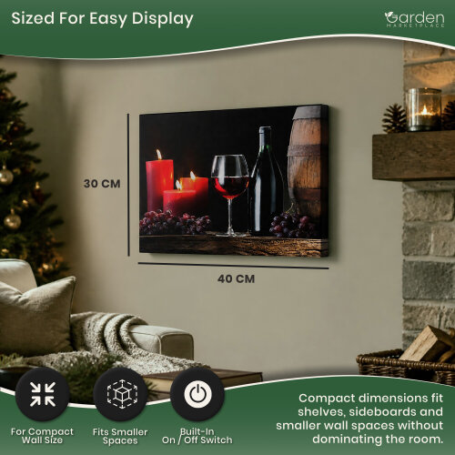 Barrel, Wine and Candles Christmas Canvas Print with LED Lights, 3 Flickering Candle Effects, 40 x 30 cm