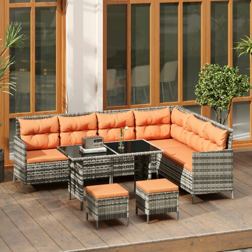 Wyld Haus Tasu Rattan Orange And Grey 7 Seater Outdoor Sofa Set With Cushions And Glass Tables