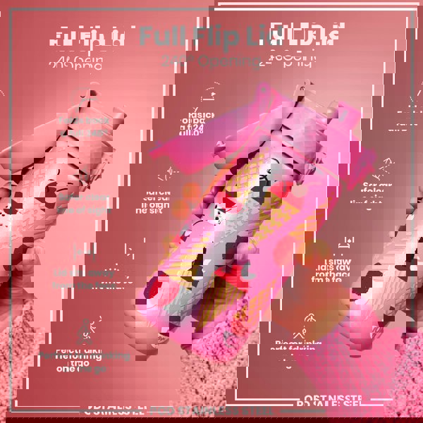 A pink stainless steel water bottle, featuring an ice cream design, is being held; its full flip lid, offering a 240° opening, is shown. The bottle is displayed against a pink background. The text reads "Full Flip Lid 240° Opening", "Folds back a full 240°", "Safer clear line of sight", "Lid sits away from the face", "Perfect for drinking on the go", and "POD STAINLESS STEEL".
