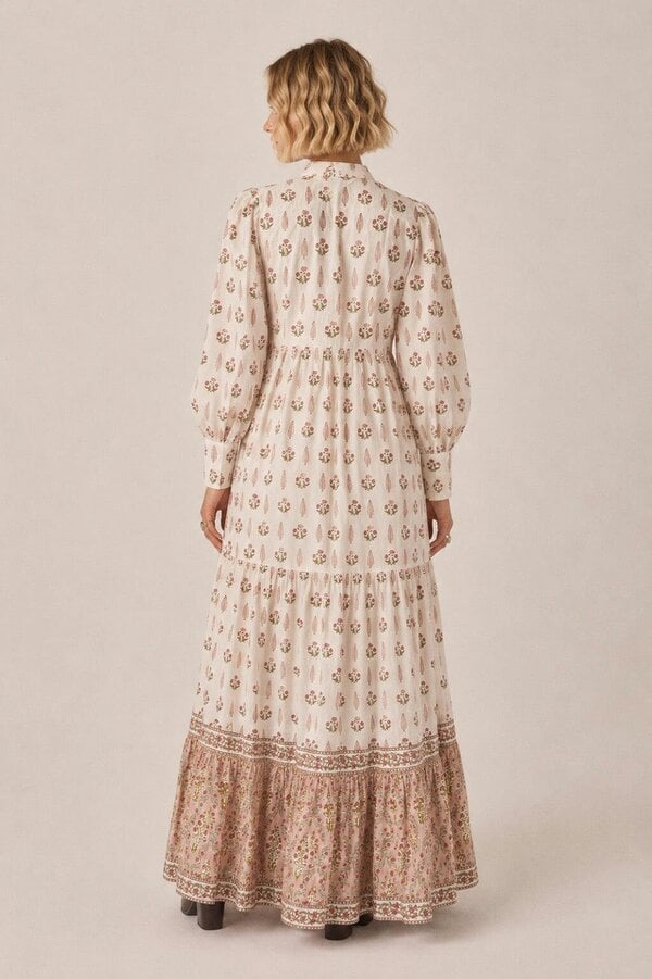 Lalita Cream Woodblock print maxi dress 100% cotton, side pockets and border print hem