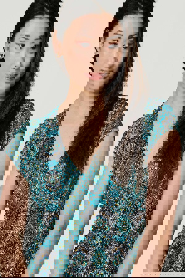 Green | Printed V-Neck Cap Sleeve Midi Dress