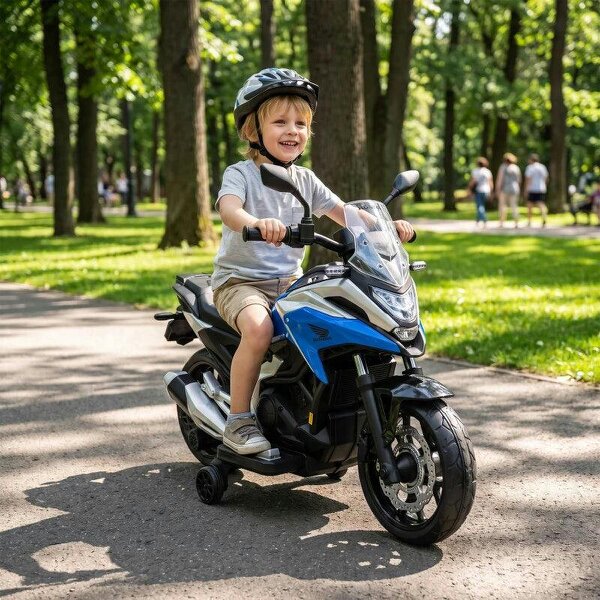 Licensed Honda 12V Kids Electric Motorbike with Training Wheels, Soft Start, Headlights, Music for 3-6 Years, Blue