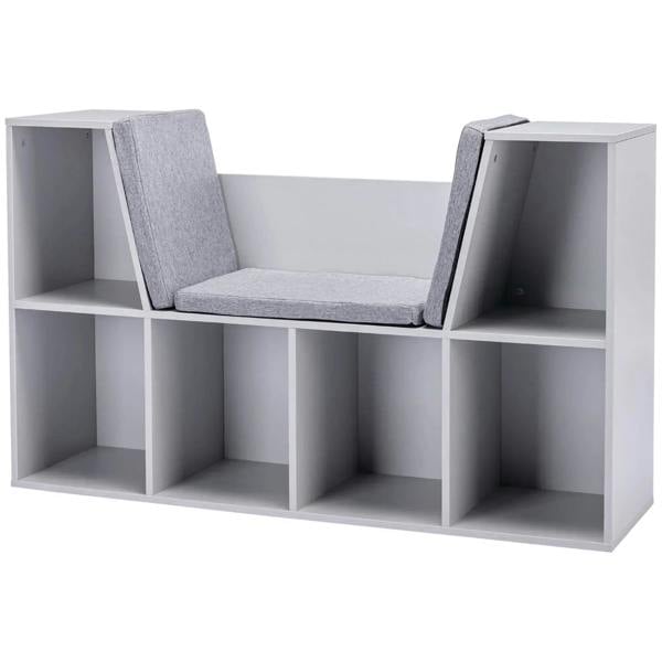 Gray kids storage cabinet with six cubbies and two fabric backrest cushions
