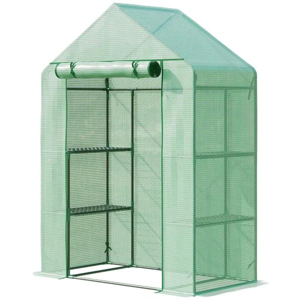 Green portable greenhouse with two-tier metal shelves and roll-up zippered door