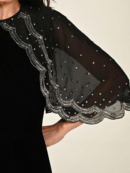 Rose & Nancy Heidi Black Velvet Hand Embroidered Cape Mini Dress