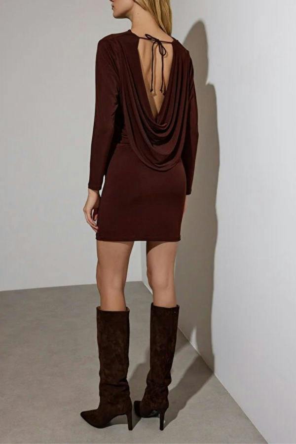 WOVCOR Backless Mini Bodycon Long Sleeve Stretchy Knit Dress