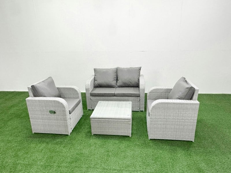 Fimous Light Grey PE Wicker Rattan Garden Furniture Set Sofa Set Reclining Adjustable Chair Square Coffee Table 4 Seater