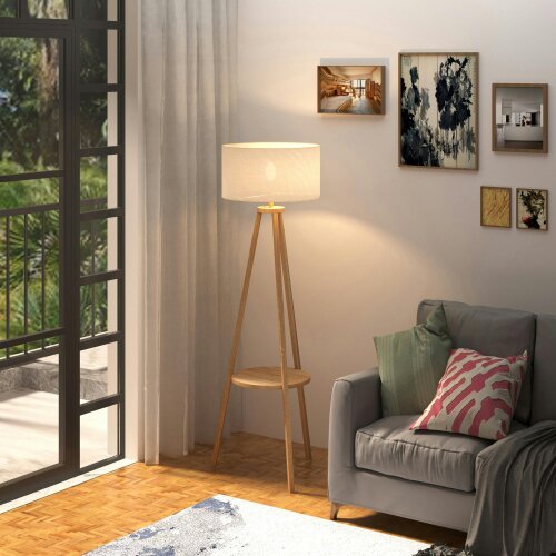 Wyld Haus Laravi Natural Wood And Fabric Cream Tripod Floor Lamp With Shelf And Linen Shade 154 cm