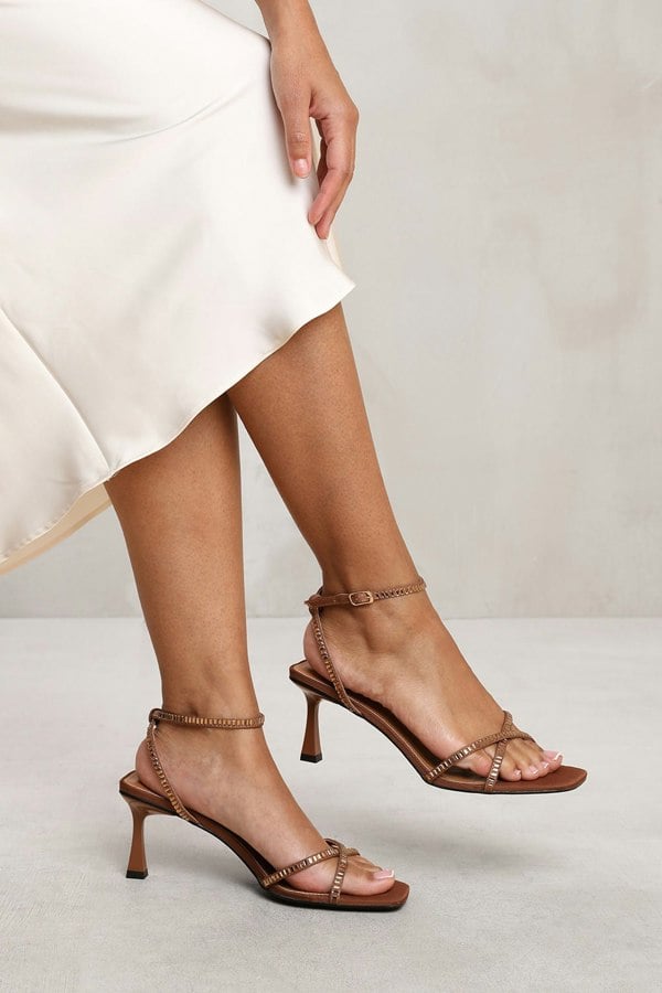 Where's That From Blair Wide Fit Square Toe Low Block Heel With Diamante Cross Over Strap Detail in Chocolate Satin