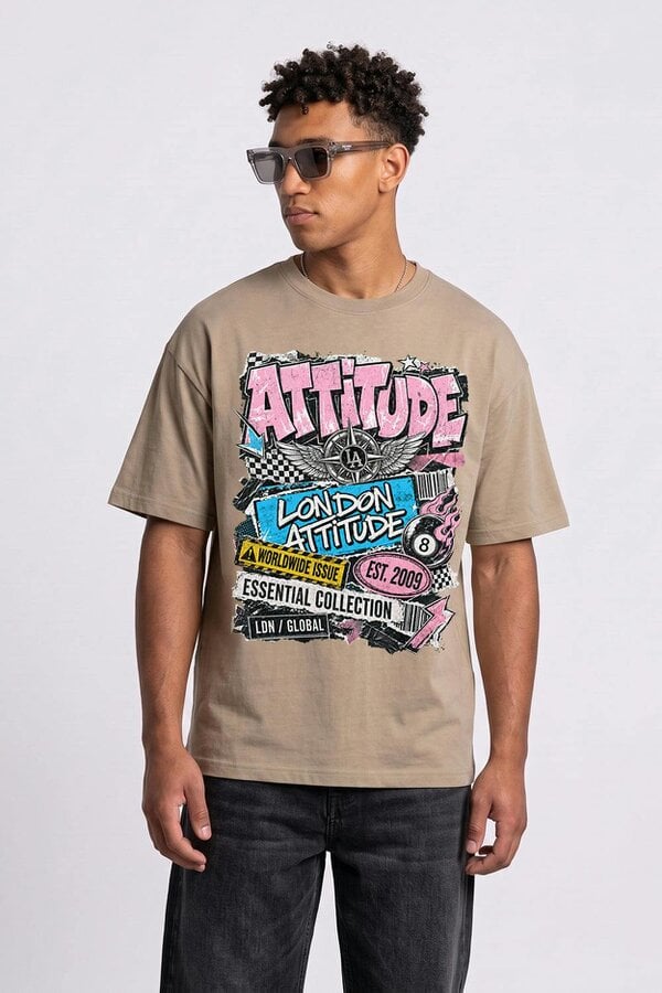 London Attitude Retro Graphic Oversized Heavyweight Streetwear T-Shirt - Sand