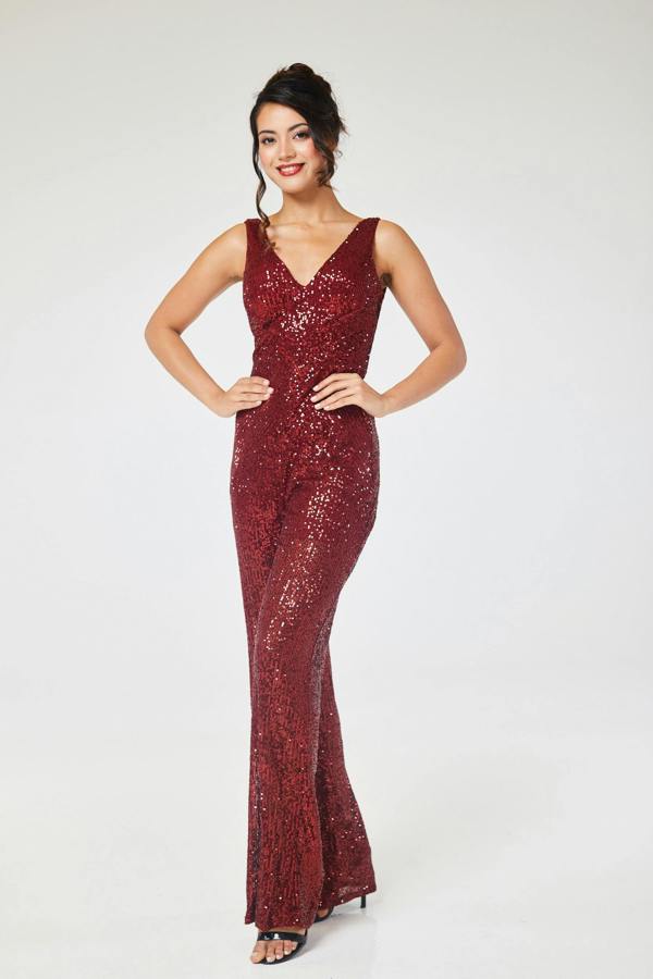 LuvForever Ruby - Wine V Neck Sequin Jumpsuit