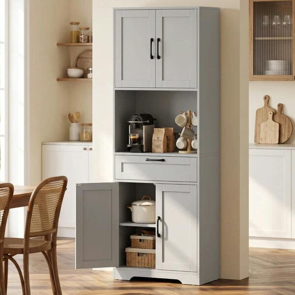 170 cm Tall Kitchen Pantry with Adjustable Shelves, Freestanding Storage Cabinet with Open Shelf, Grey