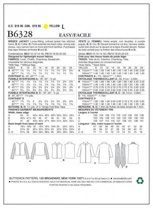 Butterick Sewing Pattern 6328, Waistcoats, Jackets for Women, B5 (8-10-12-14-16) - Easy