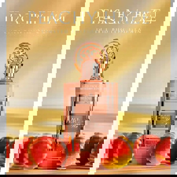 Adyan Peachy Haze Extrait De Parfum 100ml display with peaches