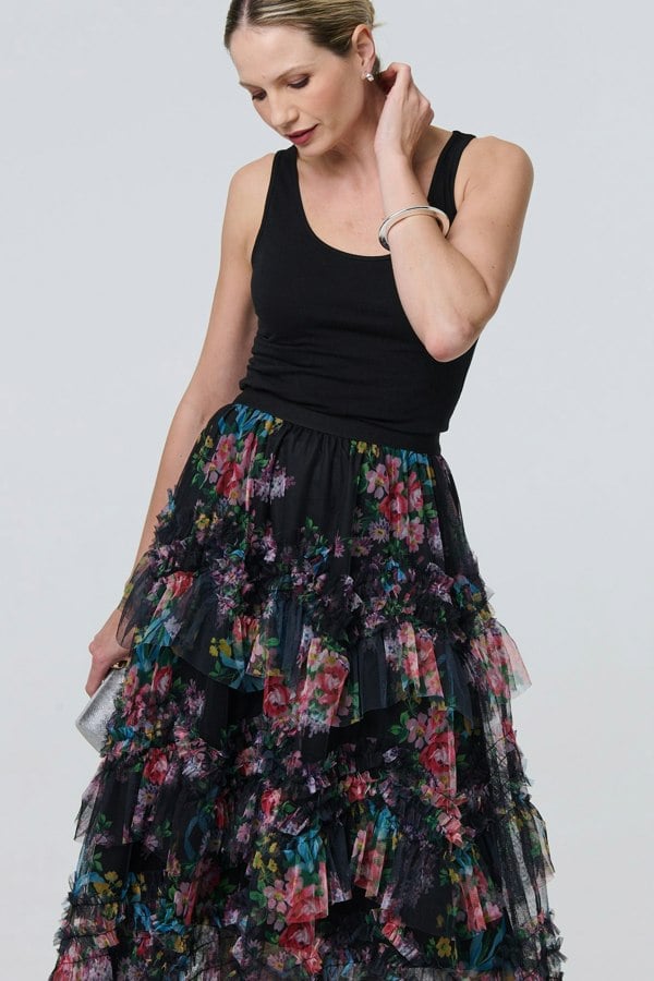 Black | Floral Semi Sheer Mesh Ruffled Midi Dress
