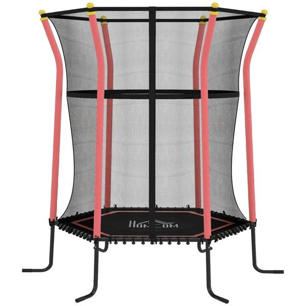 Kids mini trampoline with red frame and enclosure safety net, gray spring bed