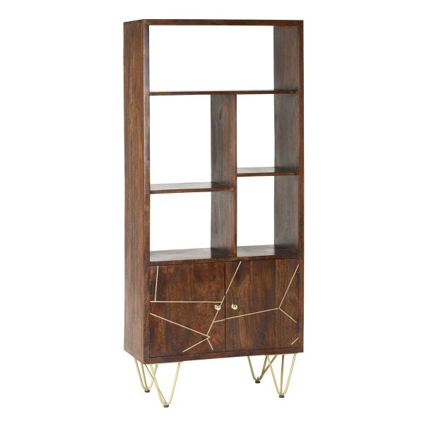 Wyld Haus Bandung Dark Mango Wood and Gold Large Bookcase 2 Door 5 Shelves