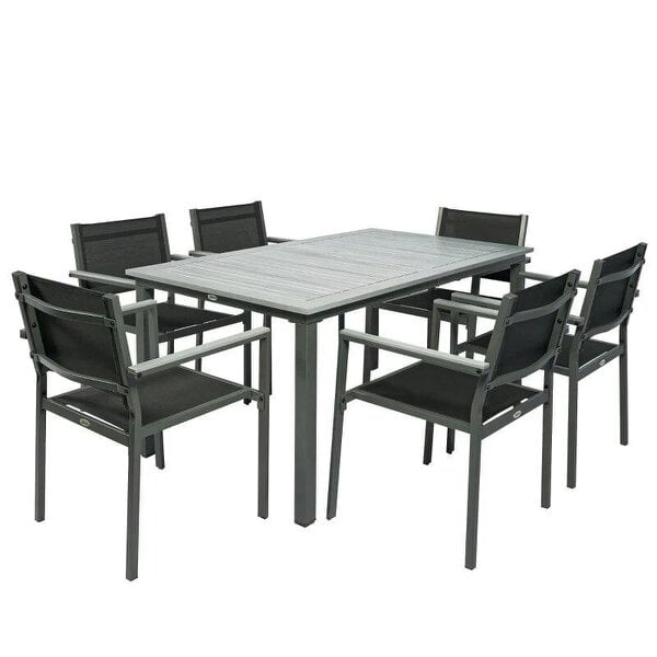 Garden Dining Set with Acacia Wood Table Top, Outdoor Table and Stackable Chairs Set for 6 with Texteline Seat, Grey