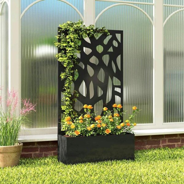 Metal Raised Garden Bed with Trellis, Outdoor Planter Box with Privacy Screen, Elevated Garden Box for Climbing Plants