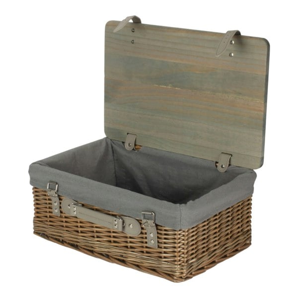 Antique Wash Grey Lined Willow Picnic Basket with Pinewood Lid