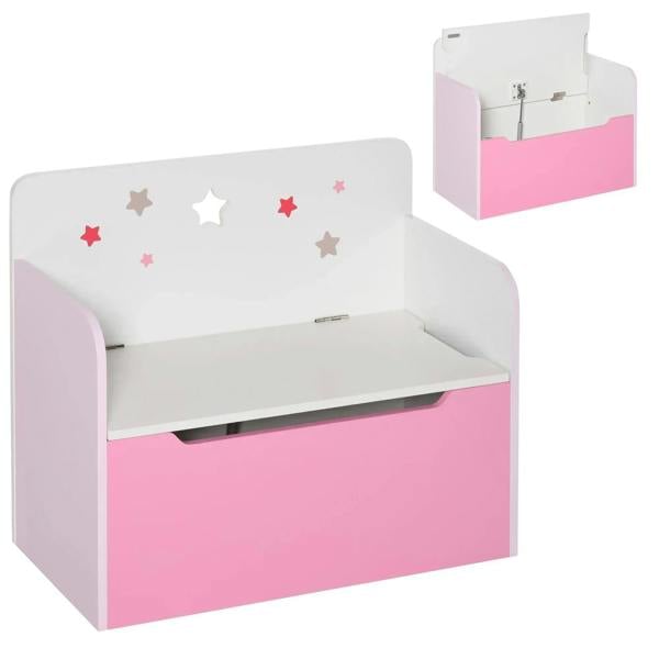 Pink kids toy box storage bench with open lid, white inner panel, and star decals.