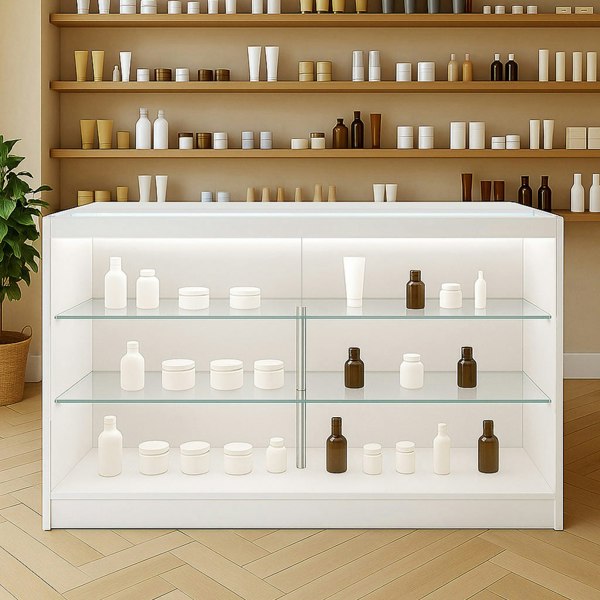 LED retail shop counter K1500 in white with glass shelves displaying various skincare products in a modern, well-lit setting