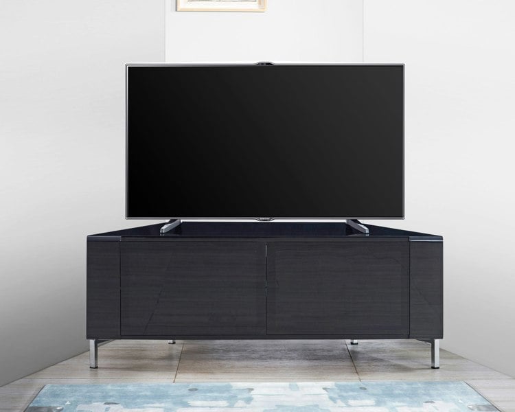 MDA Designs CORVUS Corner-Friendly Gloss Black Contemporary Cabinet with BeamThru Glass Doors Modern Space-Saving Stand for Flat Screen TVs up to 50"
