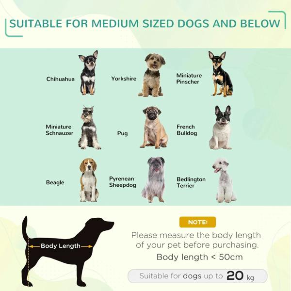 Elevated dog bed size guide chart with dog silhouettes
