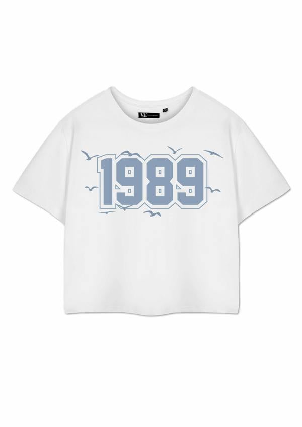 Show Me The Merch Womens White 1989 Cropped Short Sleeved T-Shirt