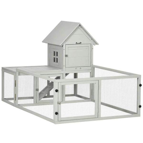 Light grey rabbit hutch with house and enclosed fenced run, front access door