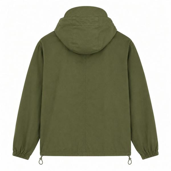Back view of a true olive Lyle & Scott waxed utility jacket featuring a hooded design and drawstring hem.