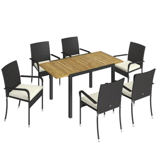 7 Piece Rattan Garden Furniture Set, 6 Seater Garden Table and 6 Stackable Chairs with Extendable Acacia Wood Tabletop