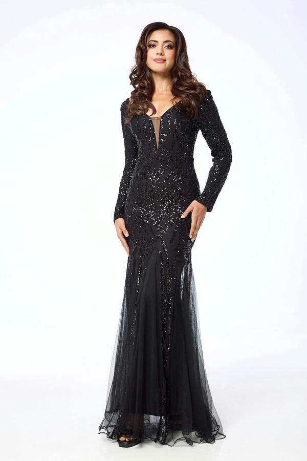 LuvForever Elea - Black Long Sleeve Sequin Maxi Dress