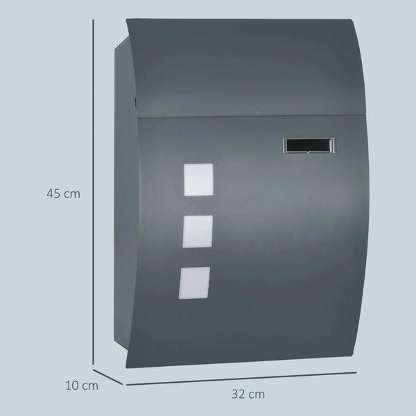Anthracite gray wall mounted letter box with mail slot and frosted windows; size view