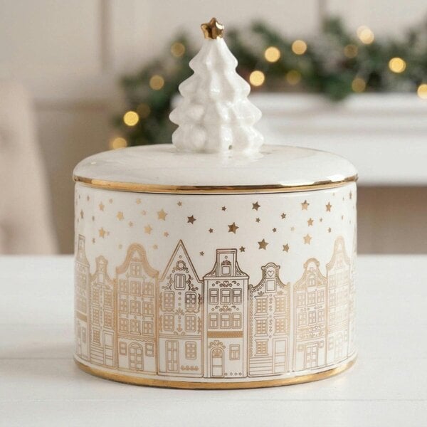 Garden Greatness Dolomite Container with Village Design Christmas Tree Handle