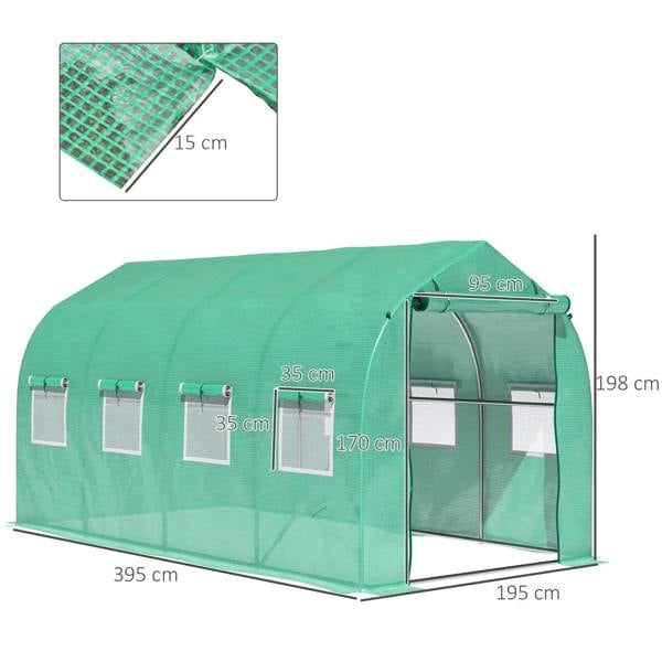 Green walk-in polytunnel greenhouse with zip door and side windows, with size diagram
