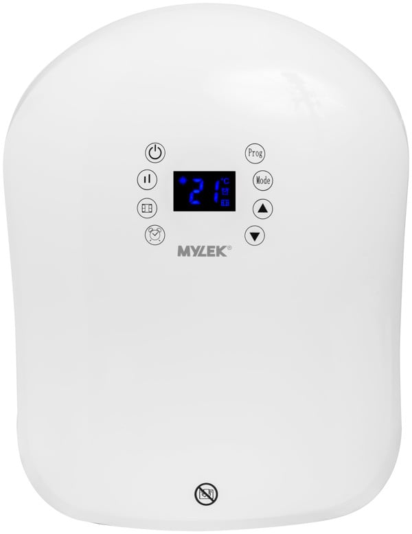 MYLEK Electric Fan Heater - Wall Mounted Downflow Blower Suitable For Bathrooms, 6 Digital Timer Programmes